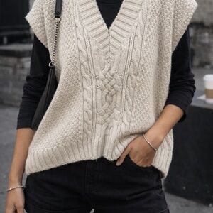H&M Women's Beige V-Neck Cable Knit Sweater Vest